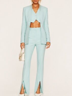 NWT L'Academie Ospen Notched Pant Pastel Blue XS Trouser Stretch Split Cuff $248